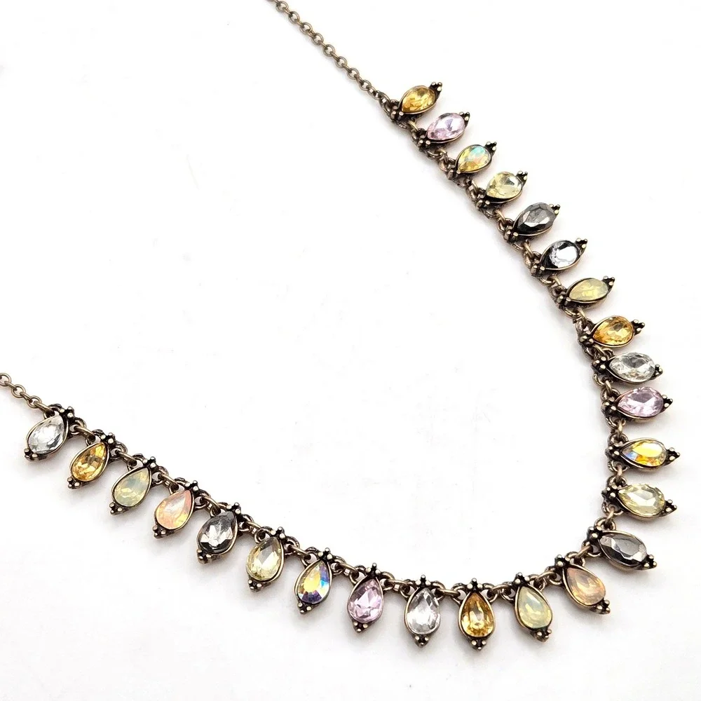 Brass Tone Multi Color‎ Crystal Teardrop Fringe Adjustable Necklace